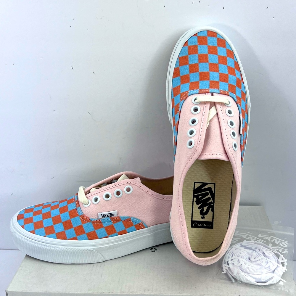 VANS, PREMIUM VANS, CHECKERBOARD CANVAS TOP,LIGHT ROSE, BLUE & ORANGE, M-7 W-8.5